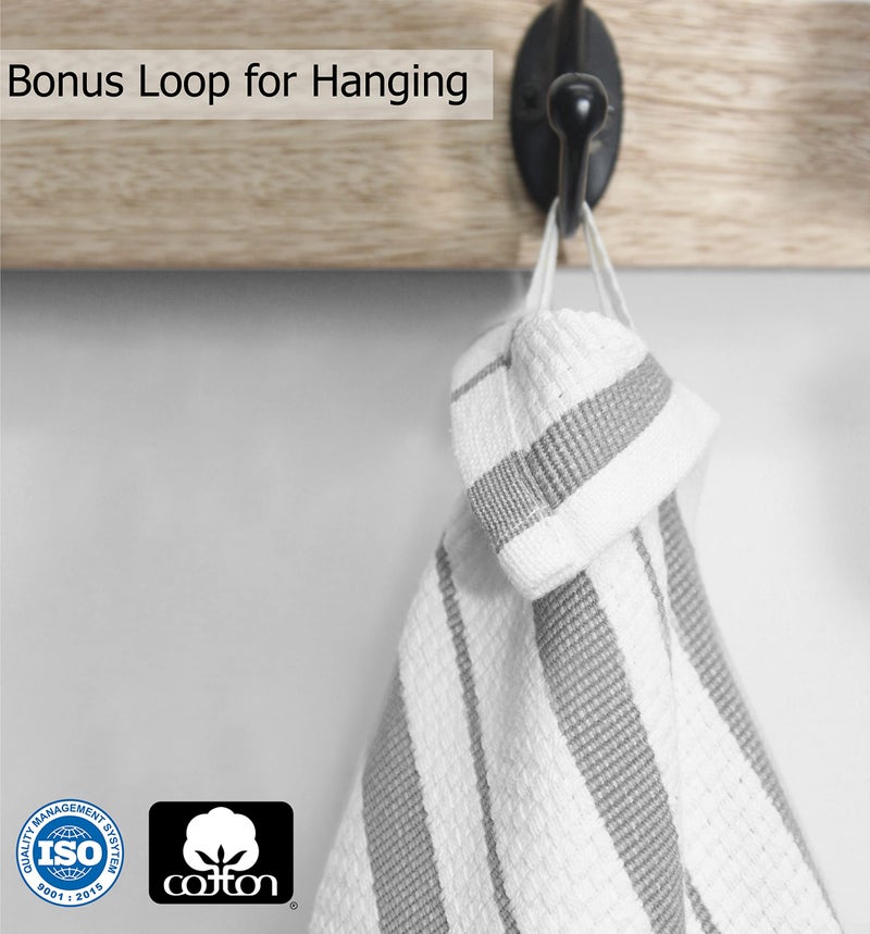 COTTON CRAFT - 4 Pack - Basket Weave Kitchen Towels - Grey - Cotton - Oversized 20x30 - Modern Clean Striped Pattern - Convenient Hanging Loop - Image 3